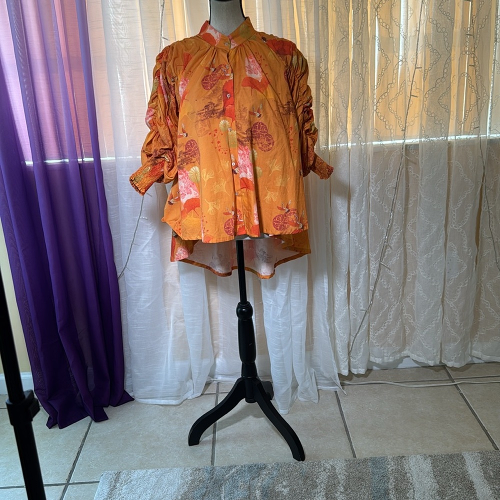 Mia de Dios Anthropologie Orange Asymmetrical Blouse with Mandarin Collar, S - Picture 2 of 10